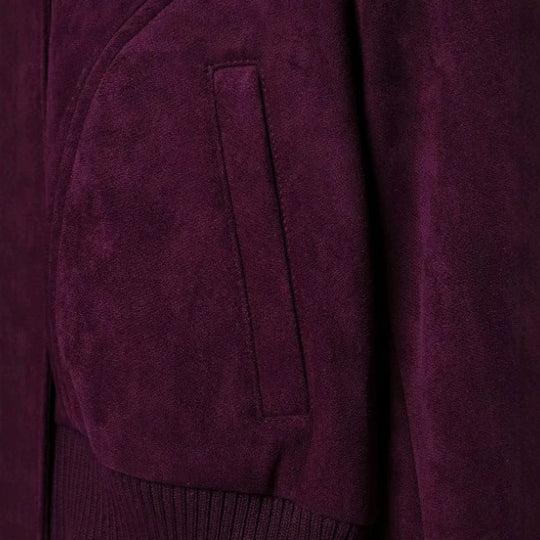 Damen Kurze Veloursleder-Bomberjacke mit hohem Rippenkragen, elastischem Saum und Eingrifftaschen Nord Taschen
