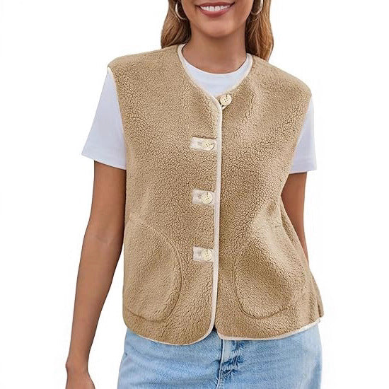 Damen Teddy-Fleece-Weste mit Rundhalsausschnitt und Knopfverschluss Nord Taschen