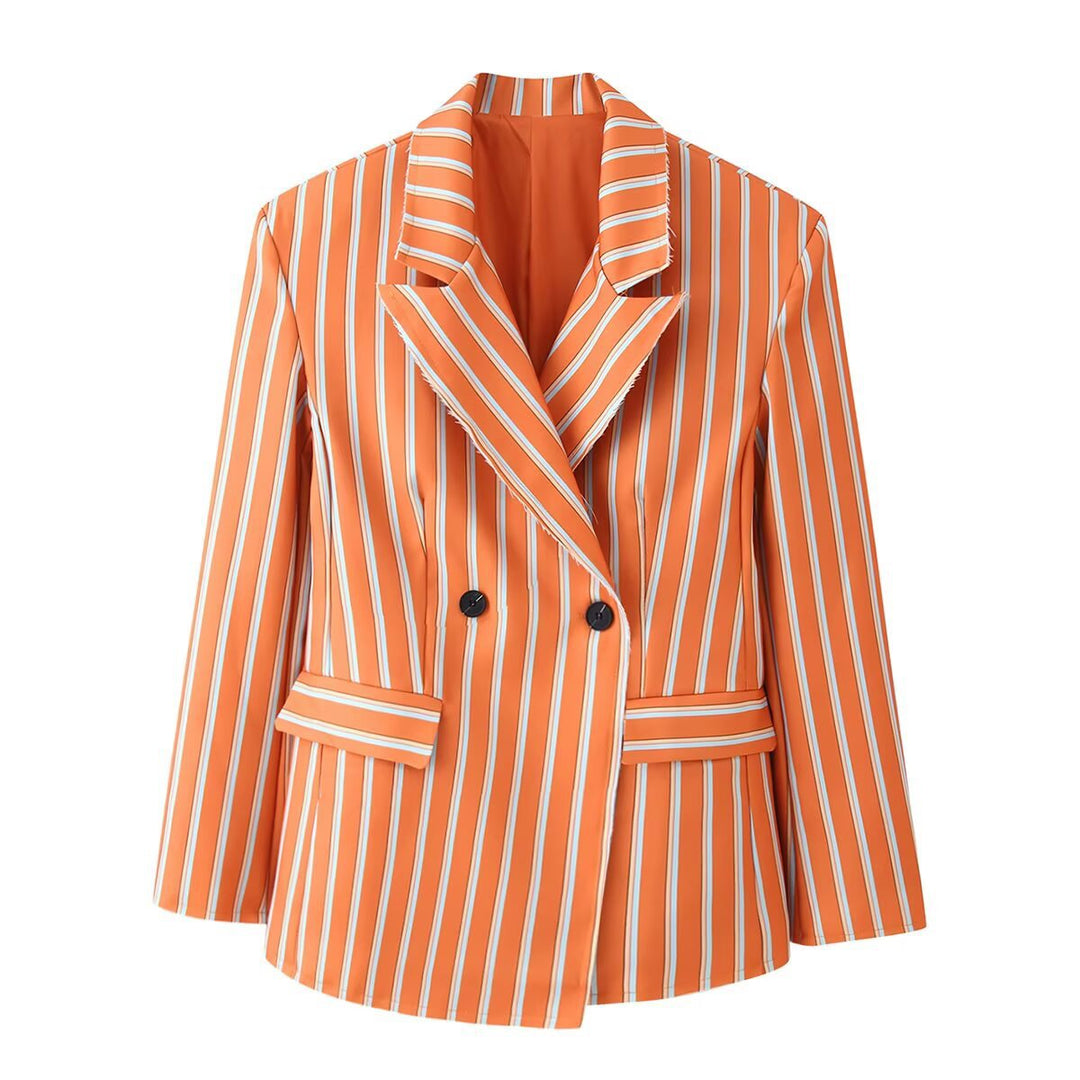 Damen Doppelreihiger Streifenblazer mit markantem Revers und Pattentaschen Nord Taschen