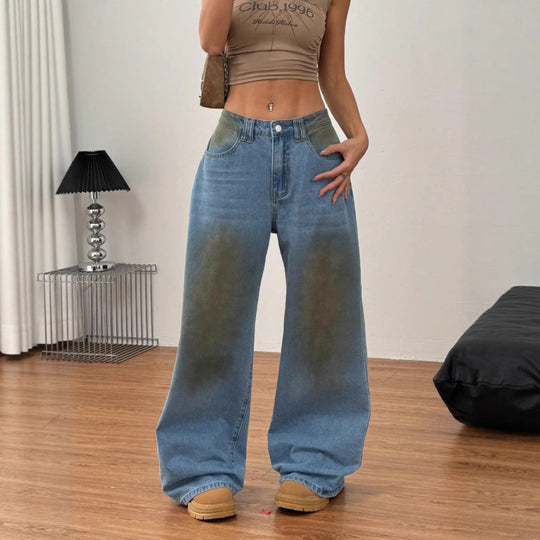 Damen weite High‑Waist-Jeans im Vintage-Wash mit verwaschener Fleckoptik und extra weitem Bein Nord Taschen