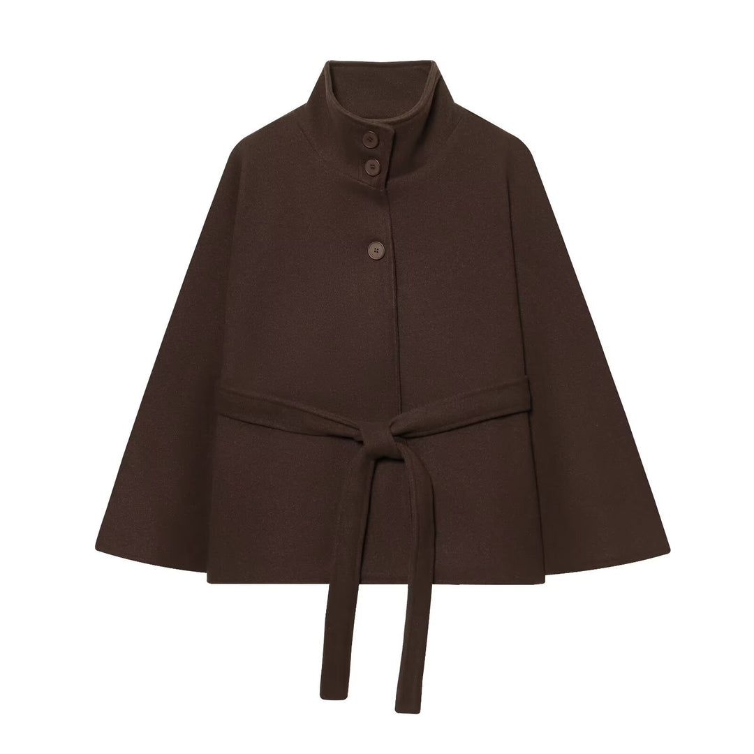 Damen Kurzes Cape-Mantel mit Stehkragen, Knopfleiste und Bindegürtel Nord Taschen