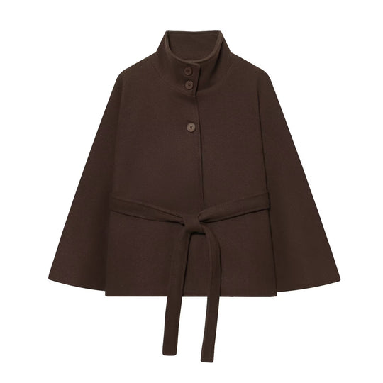 Damen Kurzes Cape-Mantel mit Stehkragen, Knopfleiste und Bindegürtel Nord Taschen