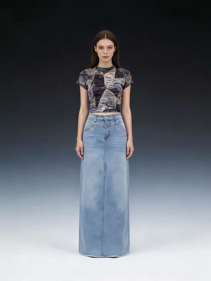 Damen langer High-Waist Denim-Maxirock mit gerader Silhouette und rohem Saum Nord Taschen