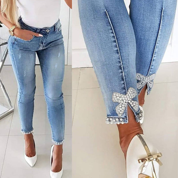 Damen Skinny Jeans mit Perlen- und Schleifendetails