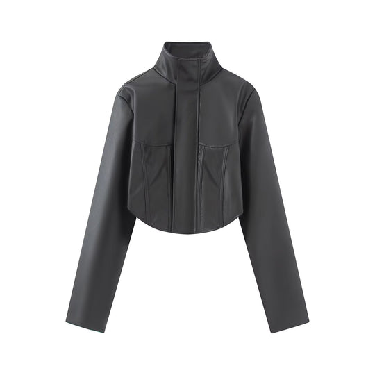 Damen Cropped Lederoptik‑Jacke mit taillierter Korsett‑Teilung und Stehkragen Nord Taschen
