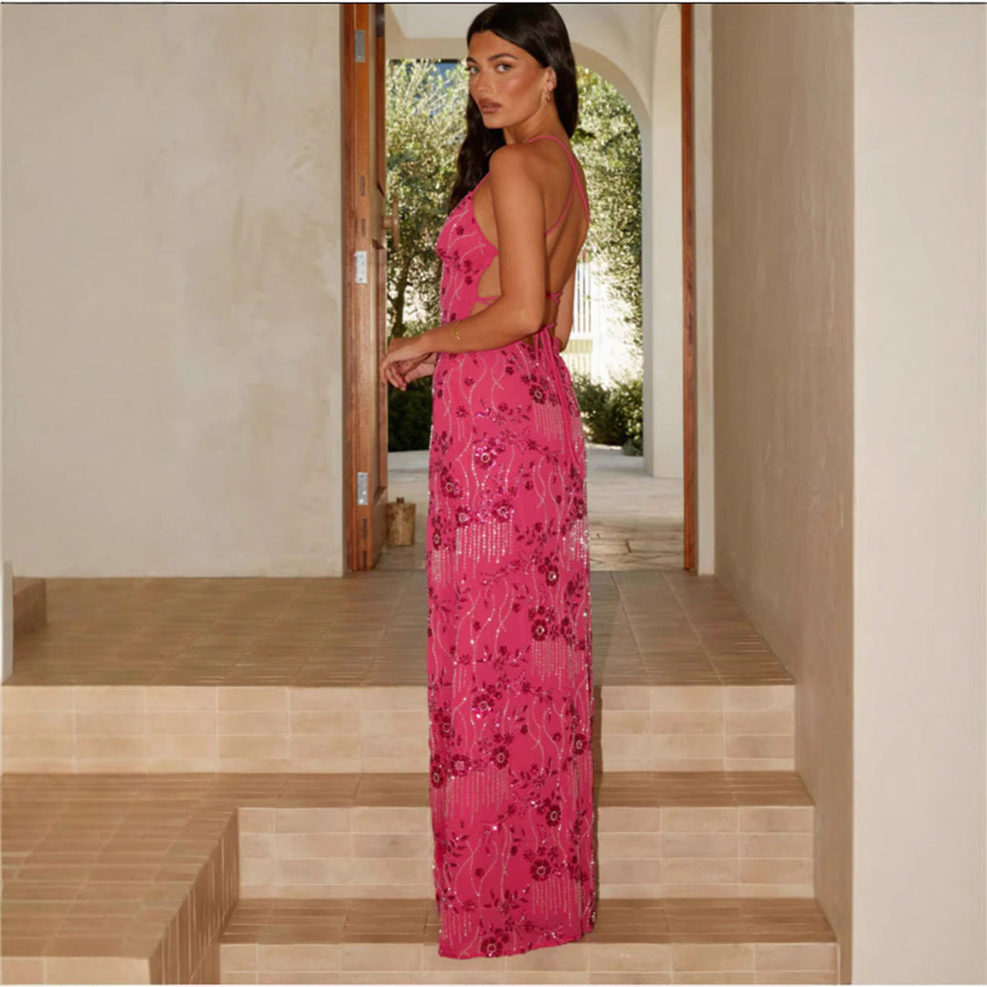 Damen Elegantes Maxikleid mit verführerischem V-Ausschnitt und funkelnden Applikationen Nord Taschen