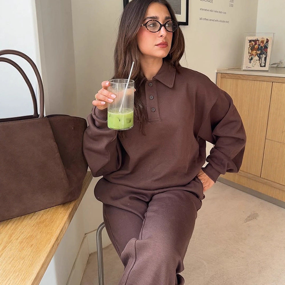 Damen Lässiges Polo-Sweatset aus Bio-Baumwollfleece mit Oversize-Pulli und High-Waist Jogger Nord Taschen