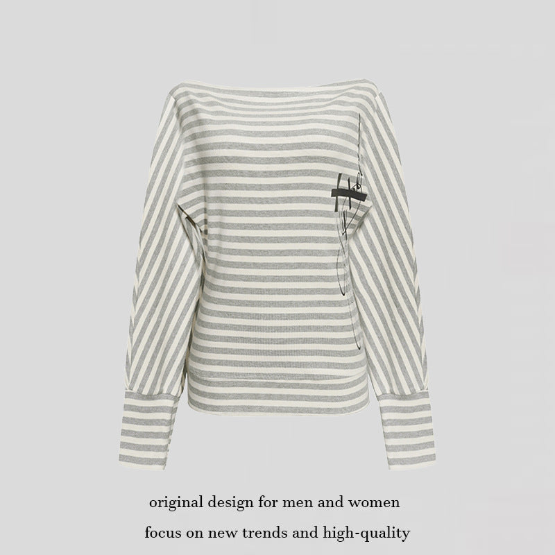 Damen Figurbetontes Streifen-Langarmshirt mit weitem Boot-Ausschnitt und verkürzten Fledermausärmeln Nord Taschen
