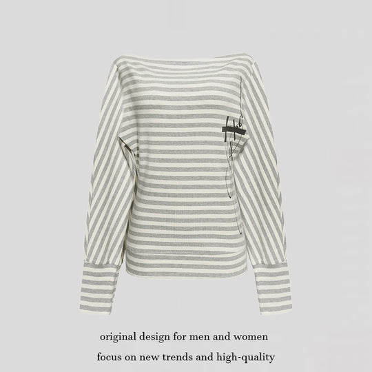 Damen Figurbetontes Streifen-Langarmshirt mit weitem Boot-Ausschnitt und verkürzten Fledermausärmeln Nord Taschen