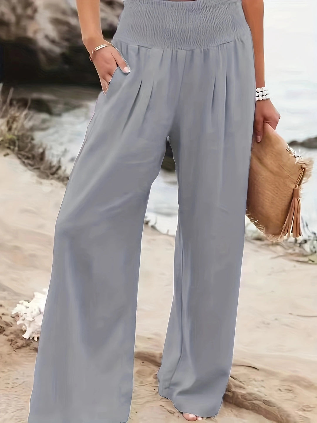 Damen Weite Leinenhose mit Smokbund und Eingrifftaschen Nord Taschen