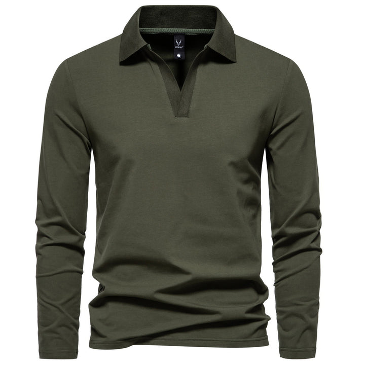 Herren Langarm-Polo mit offenem V-Ausschnitt, feinem Rippenkragen und schmaler Silhouette Nord Taschen