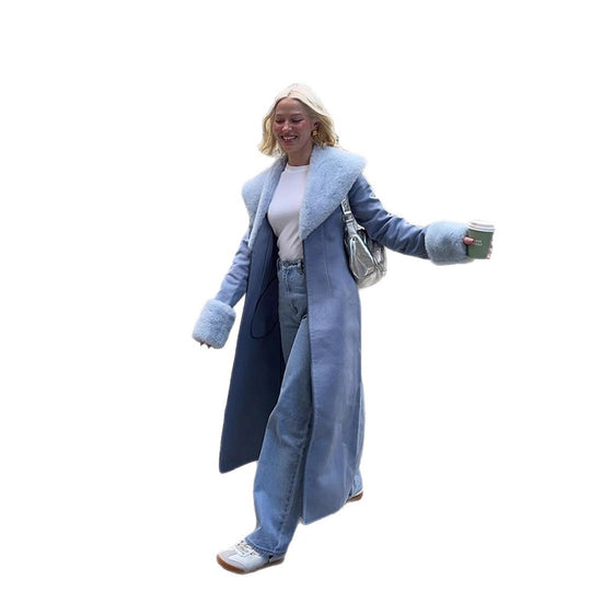 Damen Eleganter lang geschnittener Mantel aus Velours‑Optik mit voluminösem Kunstfell‑Schalkragen Nord Taschen