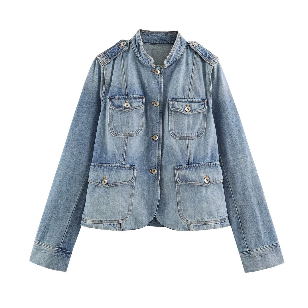 Damen Utility-Denimjacke mit Stehkragen, Pattentaschen und Epauletten Nord Taschen