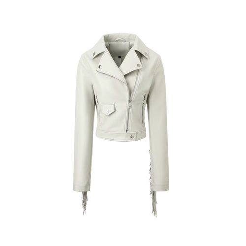 Damen Kurze Biker‑Lederjacke mit Fransenärmeln und asymmetrischem Reißverschluss Nord Taschen