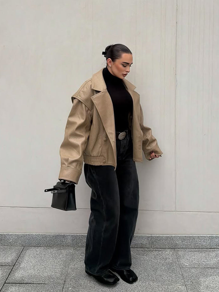 Damen Oversize-Lederimitat-Bomberjacke mit Boxy-Schnitt und weitem Revers Nord Taschen