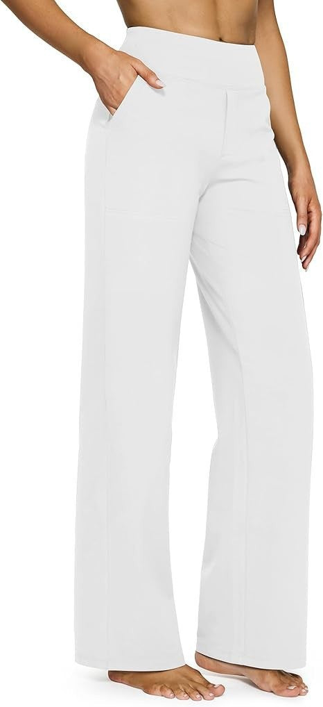 Damen nan fließende High-Waist-Hose mit extra weitem Bein, elastischem Komfortbund und Eingrifftaschen