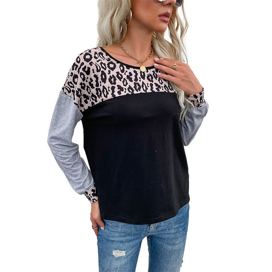 Damen Lässiges Langarmshirt mit Leo-Einsatz und Kontrastärmeln Nord Taschen