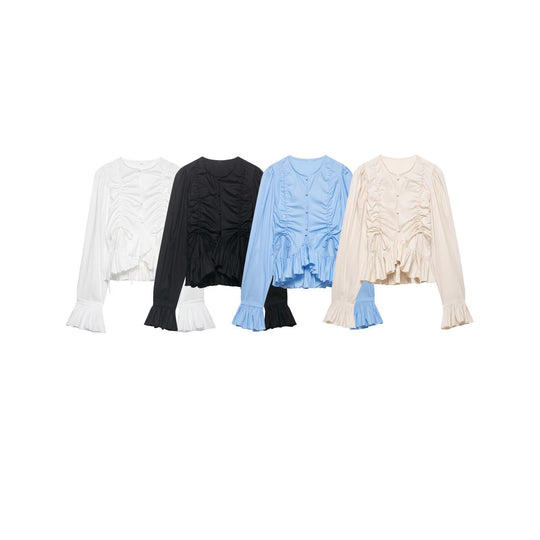 Damen Rüschige Bluse mit Kordelzug, Ballonärmeln und Volant-Saum Nord Taschen