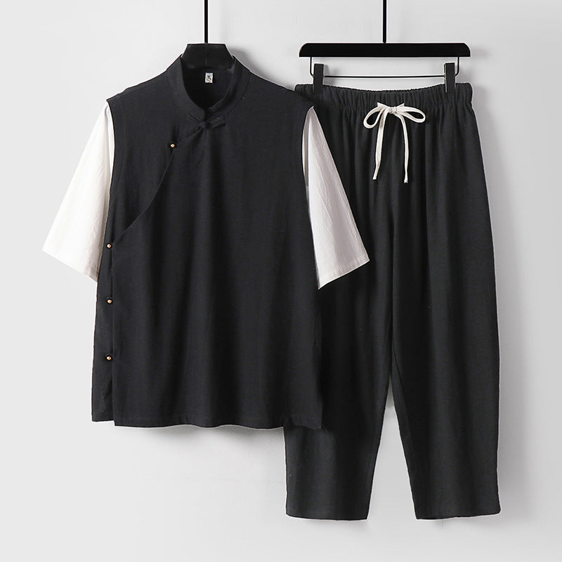 Herren Asymmetrisches Kimono-Loungewear-Set mit Stehkragen und Kordelhose Nord Taschen