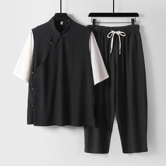 Herren Asymmetrisches Kimono-Loungewear-Set mit Stehkragen und Kordelhose Nord Taschen