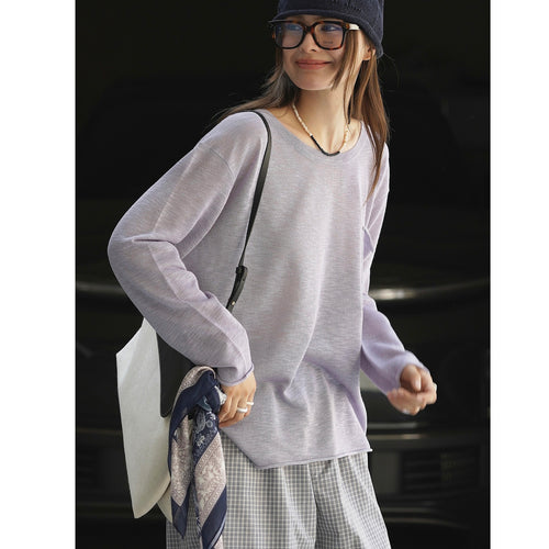 Damen Weites leichtes Feinstrick-Longsleeve mit Brusttasche und Rundhalsausschnitt Nord Taschen