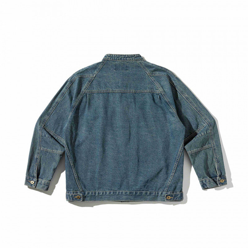 Unisex Boxige Denim‑Hemdjacke im Worker‑Look mit Stehkragen, Raglanärmeln und Brust‑Welttasche Nord Taschen