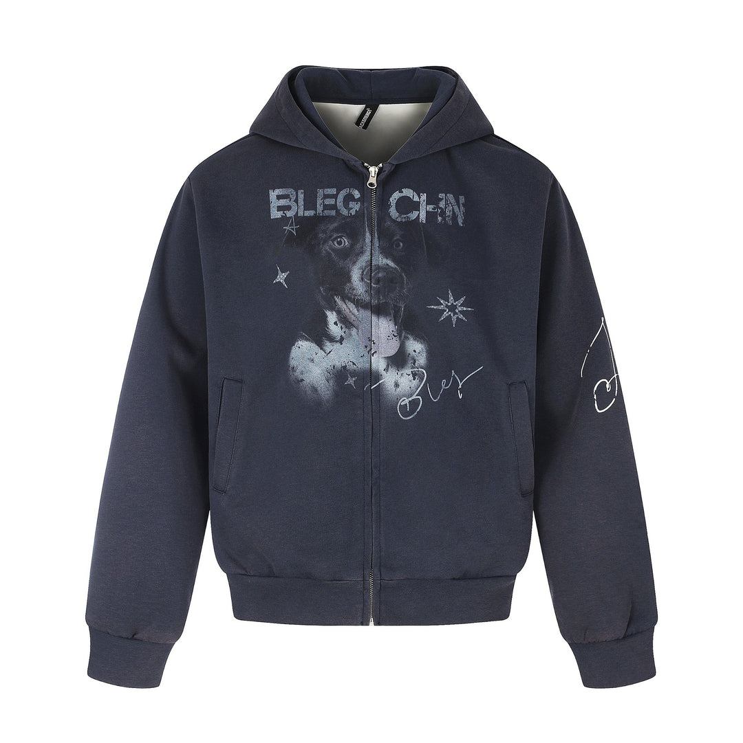 Unisex Kurz geschnittene Kapuzen‑Zipjacke mit grafischem Hundeprint und geripptem Saum Nord Taschen
