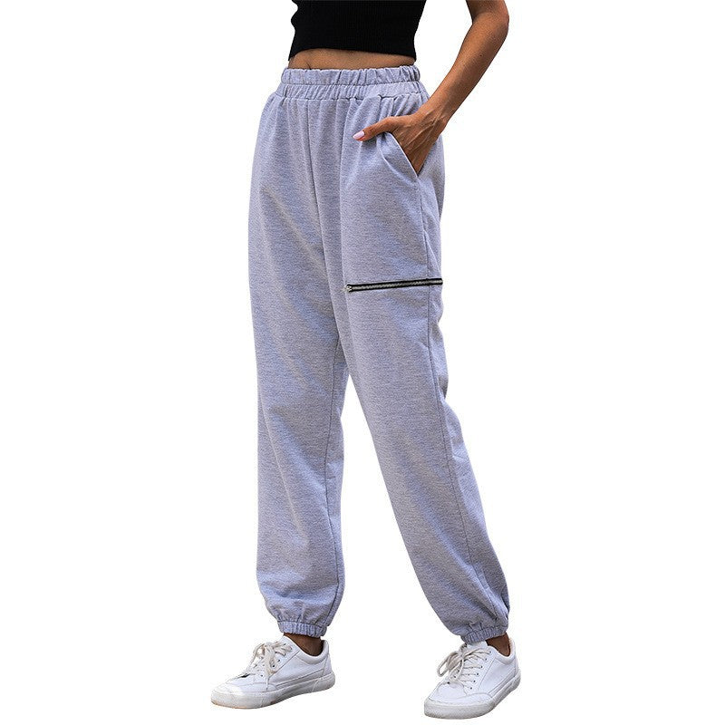 Damen Lässige High-Waist Sweathose mit Reißverschlusstasche und elastischem Saum Nord Taschen