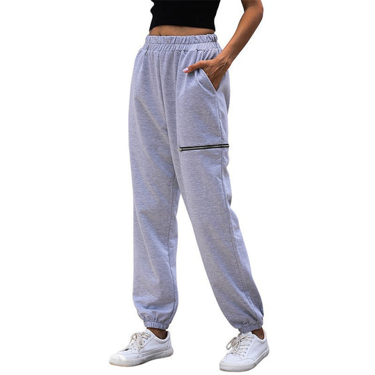 Damen Lässige High-Waist Sweathose mit Reißverschlusstasche und elastischem Saum Nord Taschen