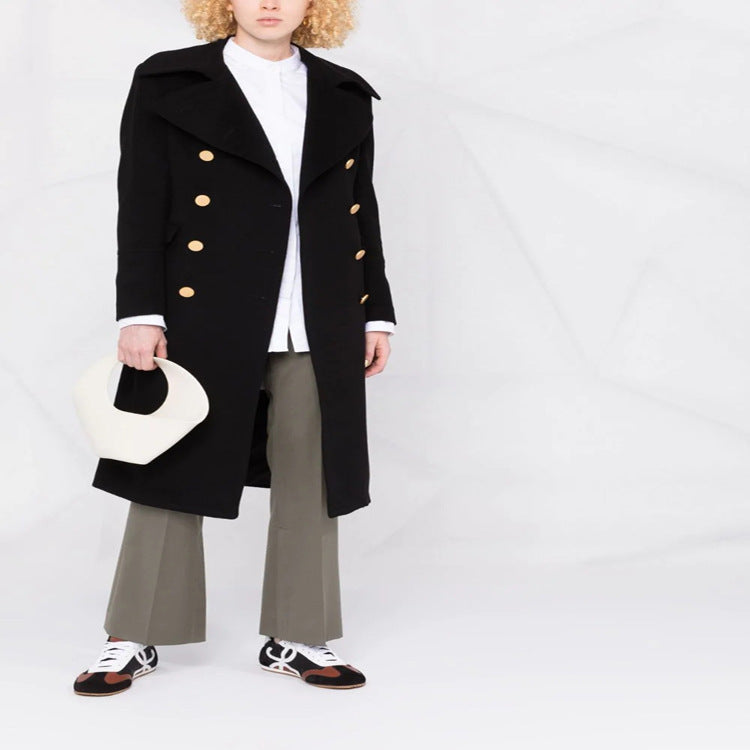 Damen Doppelreihiger Longcoat im Marinemantel‑Stil mit markanten Metallknöpfen Nord Taschen