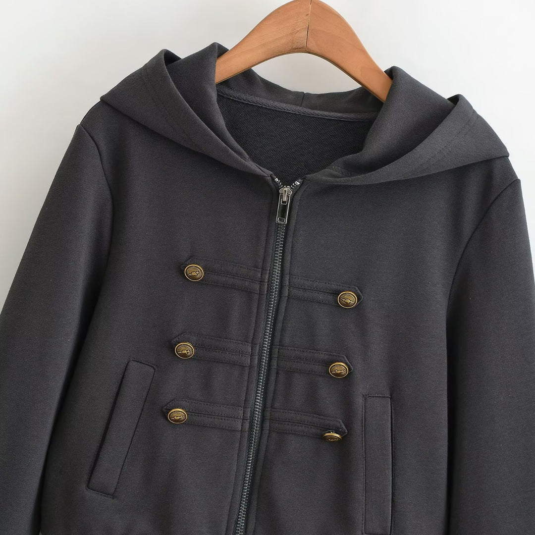 Damen Cropped Kapuzenblouson mit dekorischer Doppelreihe und verdecktem Reißverschluss Nord Taschen