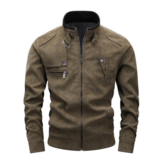 Herren Vintage-Utility Lederimitatjacke mit Stehkragen und mehreren Taschen Nord Taschen