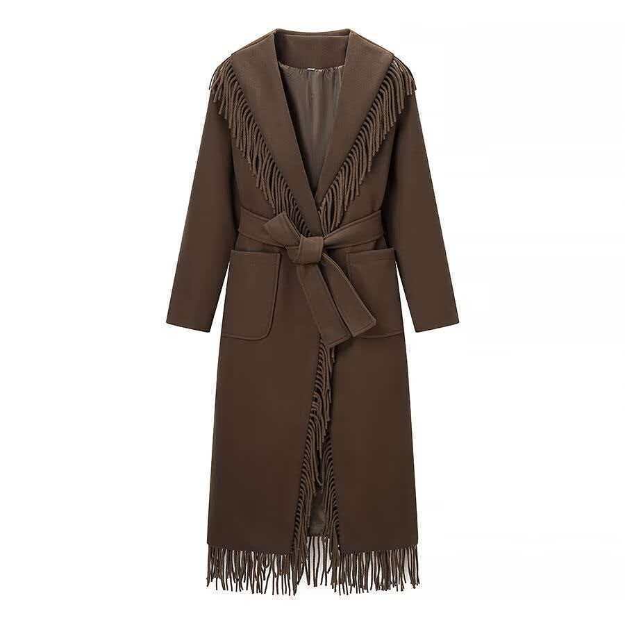 Damen Langer Fransen-Wollmix-Mantel mit Kapuze, Bindegürtel und aufgesetzten Taschen Nord Taschen