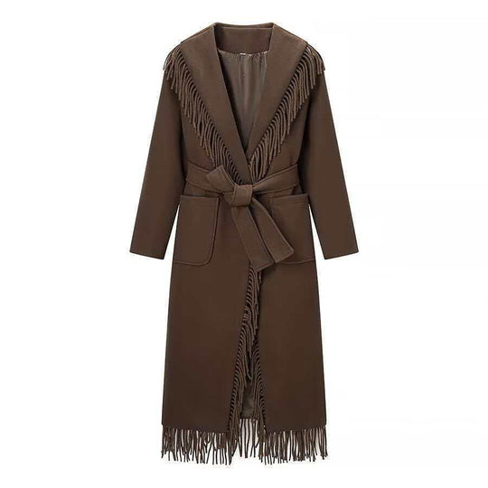 Damen Langer Fransen-Wollmix-Mantel mit Kapuze, Bindegürtel und aufgesetzten Taschen Nord Taschen