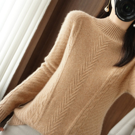 Damen Leichter Mohair‑Look Stehkragenpullover mit Zopf‑Ajour und taillierter Silhouette Nord Taschen