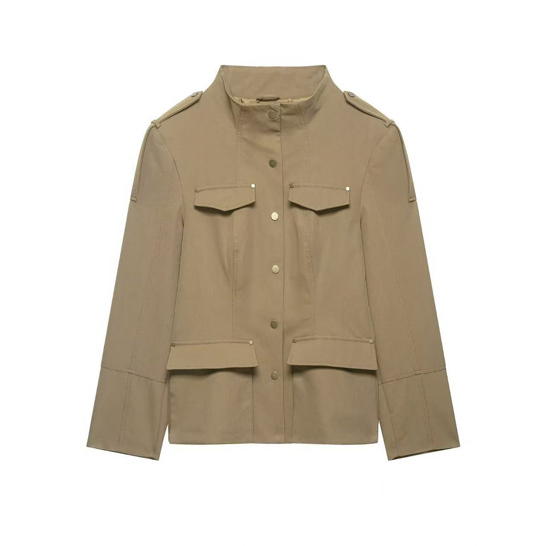 Damen Militärinspirierte Utility-Jacke mit Stehkragen und aufgesetzten Pattentaschen Nord Taschen