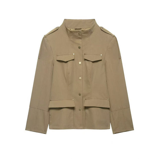 Damen Militärinspirierte Utility-Jacke mit Stehkragen und aufgesetzten Pattentaschen Nord Taschen