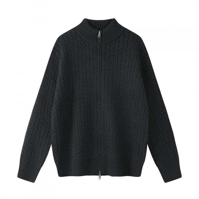 Unisex Boxy-Strickjacke mit Zopfmuster, Stehkragen und Zwei-Wege-Reißverschluss Nord Taschen