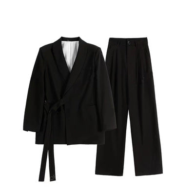 Damen Asymmetrisches Wickel-Blazer-Set mit Bindegürtel und weitem Bundfaltenhose Nord Taschen
