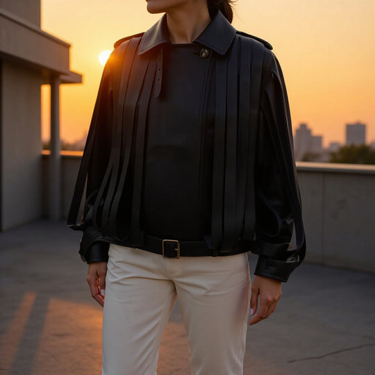 Damen Lederimitat‑Fransenblouson mit Stehkragen und Taillengürtel Nord Taschen