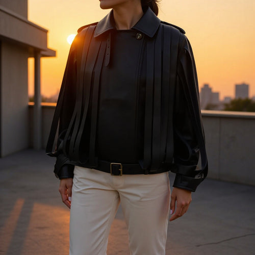 Damen Lederimitat‑Fransenblouson mit Stehkragen und Taillengürtel Nord Taschen