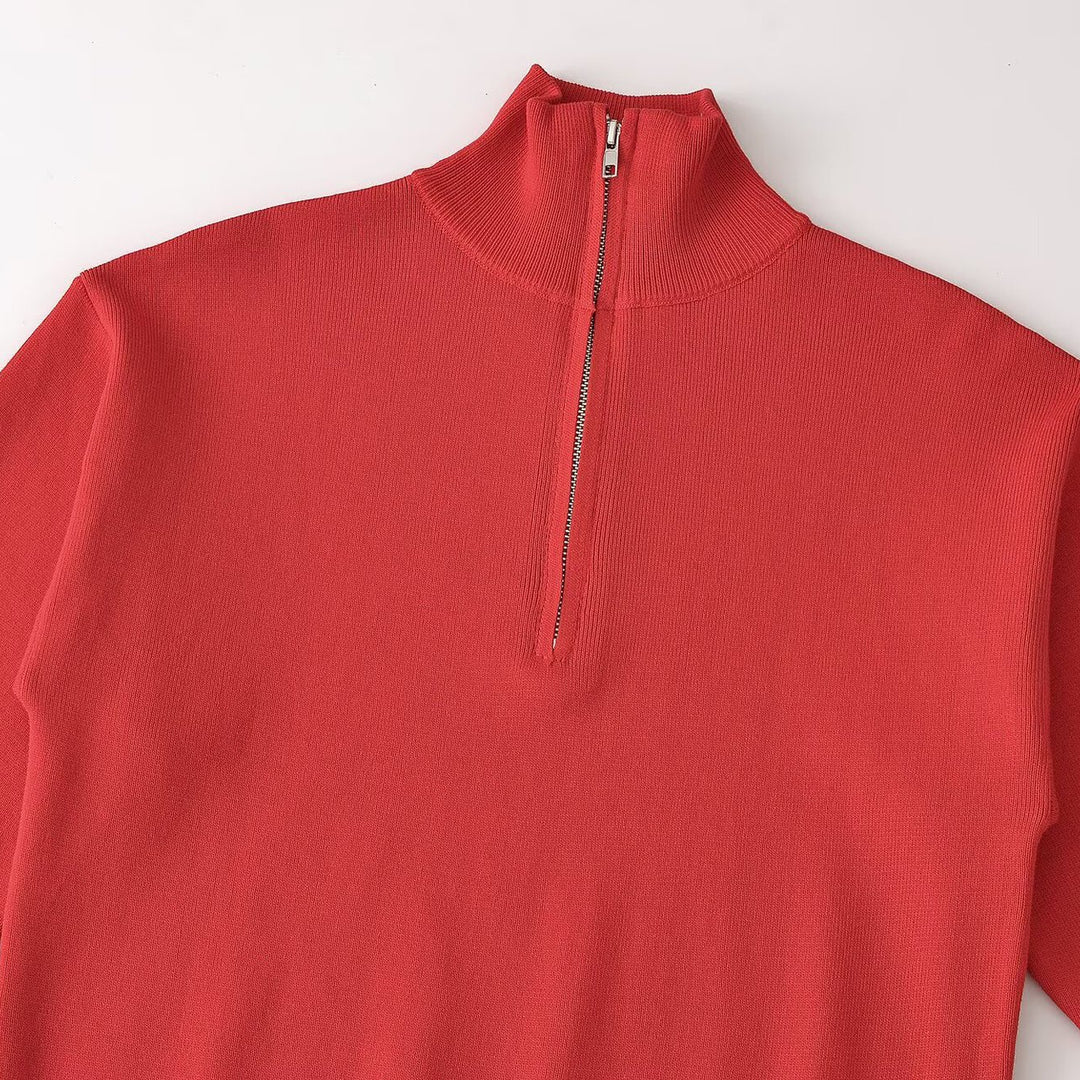 Damen Relaxter Halbzip-Feinstrickpullover mit Stehkragen und überschnittener Schulter Nord Taschen
