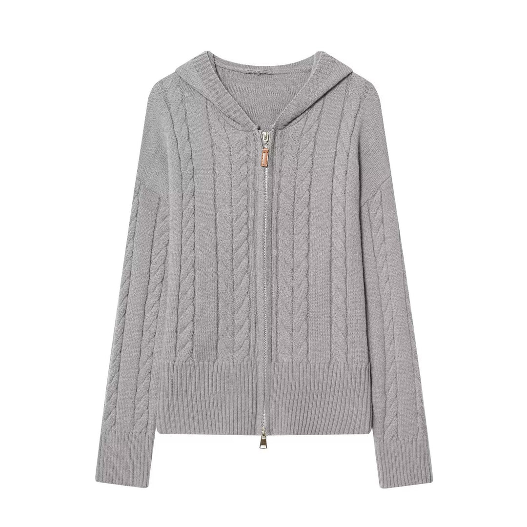 Damen Kapuzenstrickjacke mit Zopfstrickmuster und Metallreißverschluss Nord Taschen