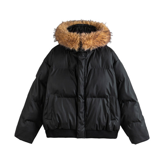 Damen Kurz geschnittene Steppjacke mit Kunstfellkapuze und elastischem Saum Nord Taschen