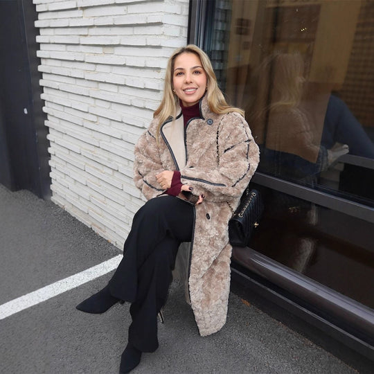 Damen Langer Teddy‑Mantel mit Kontrastnähten, Stehkragen und Knopfleiste Nord Taschen