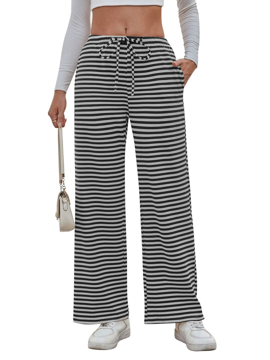 Damen weite Streifenhose mit elastischem Bund und Kordelzug