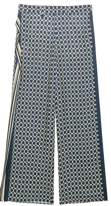 Damen Hochtaillierte weite Palazzo‑Hose mit grafischem Kettendruck und kontrastierendem Seitenstreifen Nord Taschen