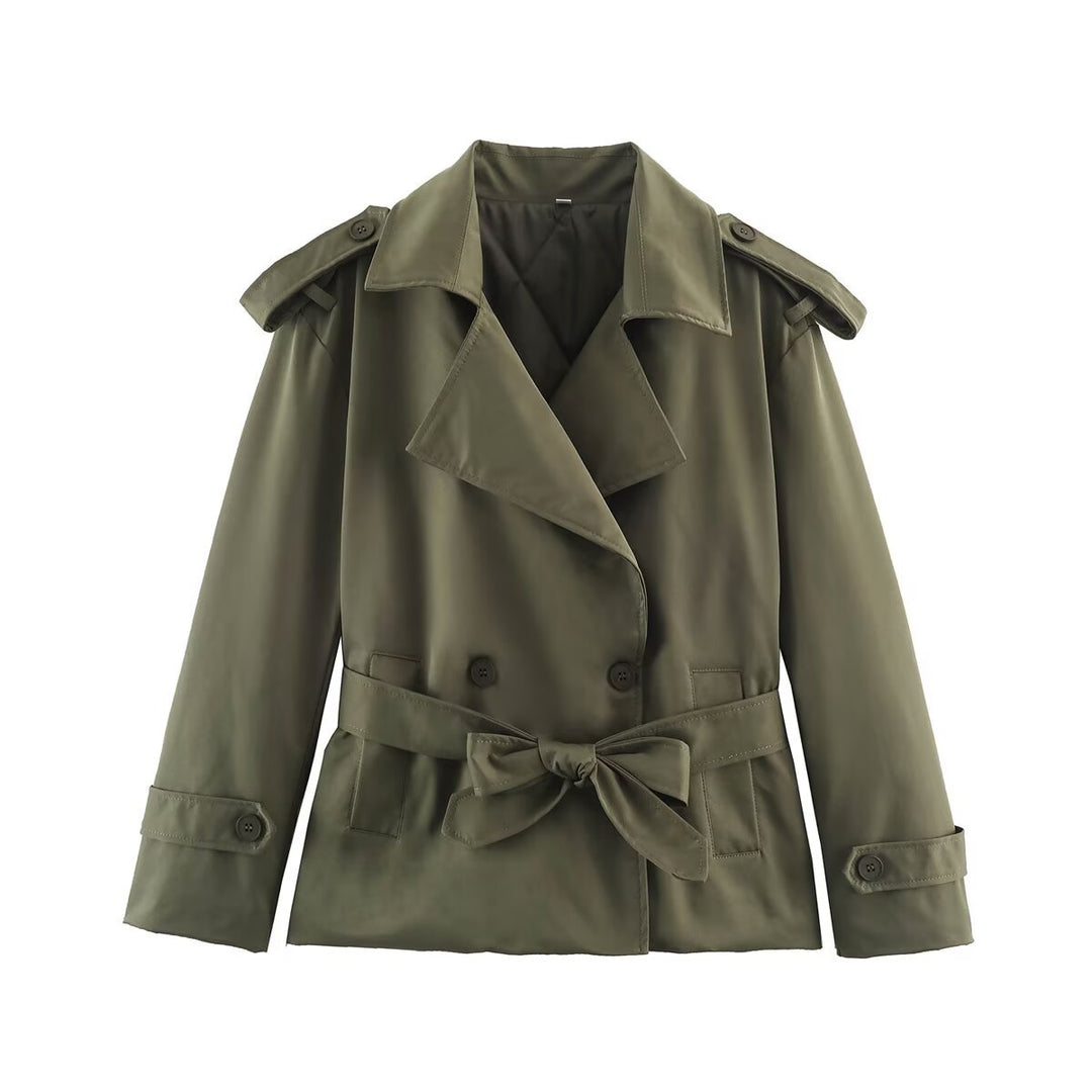 Damen Taillierte Kurz-Trenchjacke mit Bindegürtel und Schulterpatten Nord Taschen