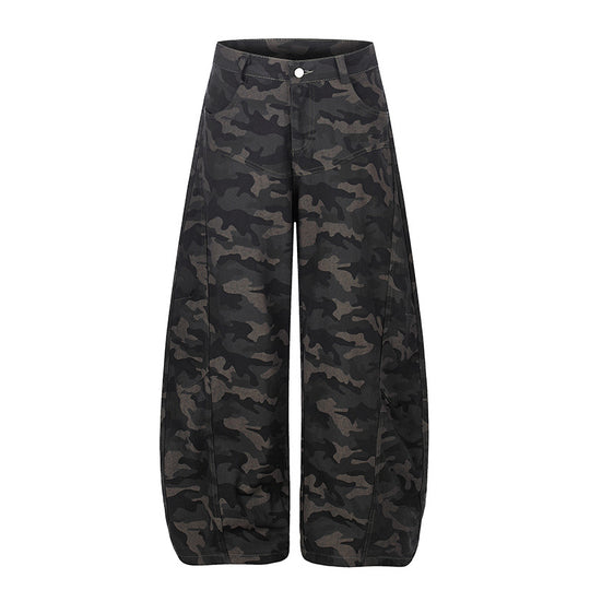 Damen Weite Camouflage-Palazzo-Hose mit hohem Bund, Gürtelschlaufen und ballonförmigem Bein Nord Taschen