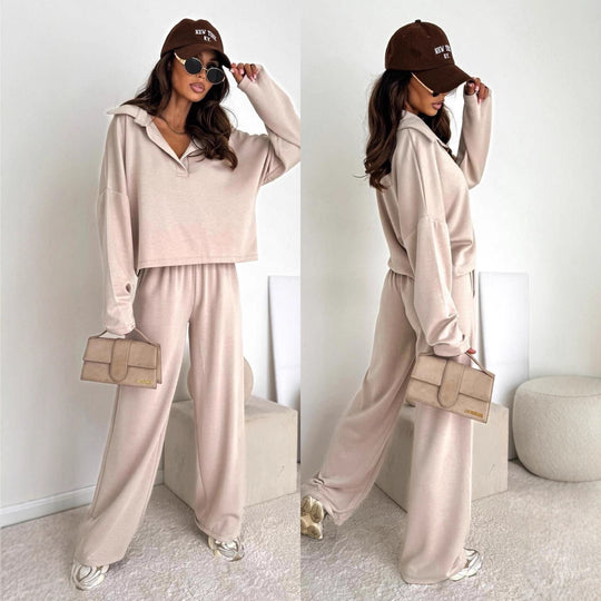 Damen Loungewear-Zweiteiler mit Hemdkragen-Cropped-Sweatshirt und weiter Palazzo-Hose Nord Taschen